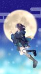  1girl absurdres animal_ears beko_(eec3h7dk8bvipiu) black_boots blue_hoodie blue_kimono blue_nails boots cho_kaguya-hime! commentary egasumi fishnet_thighhighs fishnets flying forehead_jewel fox_ears fox_girl fox_tail full_moon green_eyes highres hood hood_down hoodie japanese_clothes kimono medium_hair moon purple_hair sakayori_iroha sakayori_iroha_(tsukuyomi) single_thighhigh sky solo star_(sky) starry_sky tail thighhighs untranslatable_commentary 