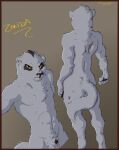abs absurd_res anthro balls biped black_body black_fur black_markings butt chest_tuft claws digital_media_(artwork) facial_markings fur genitals grey_body grey_fur gthusky hair head_markings hi_res leg_scar looking_at_viewer male markings multicolored_body multicolored_fur nude nude_anthro nude_male penis pubes scar shaded simple_background simple_shading solo stern_look tail text tuft yellow_sclera zonda_(gthusky)
