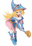  1girl blonde_hair blue_boots blue_hat blush_stickers boots breasts cleavage collarbone commentary dark_magician_girl detached_collar duel_monster english_commentary full_body green_eyes hat highres holding holding_staff hunya1234 long_hair mage_staff open_mouth pink_skirt pleated_skirt simple_background skirt solo staff white_background wizard_hat yu-gi-oh! 