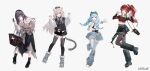  4girls akane_lize animal_ears arahashi_tabi arm_warmers armpits black_boots black_garter_straps black_hair black_hat black_pantyhose black_shoes black_skirt black_thighhighs blonde_hair blue_eyes blue_hair boots cat_ears cat_girl cat_tail closed_mouth commentary_request extra_ears full_body garter_straps grey_eyes grey_hair grey_leg_warmers grey_skirt hat highres korean_commentary kuren_kren leg_warmers long_hair long_sleeves looking_at_viewer midriff mole mole_on_cheek multicolored_hair multiple_girls neneko_mashiro official_art one_eye_closed open_mouth pantyhose red_eyes red_hair red_shirt red_socks shirayuki_hina shirt shoes simple_background skirt smile socks standing standing_on_one_leg stellive striped_arm_warmers striped_clothes striped_shirt striped_thighhighs sweater tail thighhighs torn_clothes torn_pantyhose very_long_hair virtual_youtuber white_background white_hair white_leg_warmers white_shirt white_shoes white_thighhighs zettai_ryouiki 
