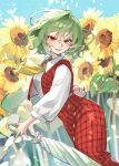  1girl absurdres ascot closed_umbrella collared_shirt commentary_request day flower frilled_skirt frills green_hair highres holding holding_umbrella kazami_yuuka long_sleeves looking_at_viewer medium_hair open_clothes open_mouth open_vest outdoors plaid_clothes plaid_skirt plaid_vest red_eyes red_skirt red_vest shirt skirt skirt_set smile solo sumiyama_sui sunflower touhou umbrella vest white_shirt yellow_ascot yellow_flower 