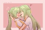  2girls alonemistrist blush chinese_commentary chocolate commentary_request dated face-to-face from_side green_eyes green_hair heart higurashi_no_naku_koro_ni incest long_hair mouth_hold multiple_girls ponytail profile ribbon school_uniform shared_food short_sleeves siblings sisters sonozaki_mion sonozaki_shion sweat twincest twins upper_body yellow_ribbon yuri 