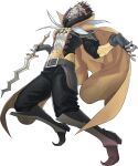  1boy belt black_pants cape evil_grin evil_smile facial_hair fingerless_gloves fire_emblem fire_emblem_awakening full_body gangrel_(fire_emblem) gloves goatee grey_belt grin highres holding holding_sword holding_weapon kozaki_yuusuke levin_sword looking_at_viewer official_art pants red_eyes red_hair short_hair smile solo sword transparent_background weapon yellow_cape 