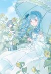  2girls bang_dream! bang_dream!_it's_mygo!!!!! black_ribbon blue_hair blue_sky chinese_commentary cloud commentary_request cowboy_shot day detached_sleeves dress drill_hair field flower flower_field frilled_sleeves frills hair_ribbon highres holding holding_umbrella long_hair looking_at_viewer multiple_girls open_mouth outdoors parasol ribbon side_ponytail sidelocks sky sleeveless sleeveless_dress smile songie standing sunflower takamatsu_tomori togawa_sakiko umbrella white_dress white_sleeves yellow_eyes 