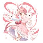  1girl :d absurdres animal animal_ears artist_request back_ribbon beret borrowed_character bow double-parted_bangs dress falling_petals frilled_dress frilled_sailor_collar frilled_sleeves frills full_body hair_ornament happy hat hat_bow heart-shaped_petals highres holding holding_animal holding_rabbit indie_virtual_youtuber jumping kneehighs knees_together_feet_apart kohanai_momomi layered_dress light_blush looking_at_viewer looking_back mary_janes medium_hair midair mini_wings open_mouth orange_eyes petals pink_bow pink_dress pink_hair pink_petals pink_ribbon pink_sailor_collar pink_shoes pink_theme pom_pom_(clothes) pom_pom_hair_ornament puffy_short_sleeves puffy_sleeves rabbit rabbit_ears rabbit_girl rabbit_hair_ornament ribbon sailor_collar second-party_source shoes short_sleeves smile socks solo sparkle tareme transparent_background twintails white_hat white_rabbit_(animal) white_socks white_wings wings yume_kawaii 