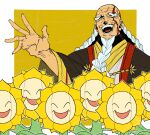  1boy absurdres balding beard brown_eyes chinese_clothes commentary_request crossover facial_hair fate/grand_order fate_(series) highres old old_man open_mouth pokemon pokemon_(creature) sa10_e simple_background smile sunflora white_hair yellow_background zhang_jue_(fate) 