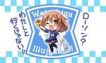  bag brown_eyes brown_hair chibi chicken_(food) commentary fang food hair_ornament hairclip ikazuchi_(kantai_collection) kadose_ara kantai_collection lawson one_eye_closed open_mouth plastic_bag pleated_skirt shoes skirt solo thighhighs translated uniform 