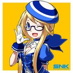 ;) arm_behind_back ascot beret blonde_hair blue-framed_eyewear blue_eyes blue_neckwear breasts cleavage enta_girl falcoon glasses gloves hat highres logo looking_at_viewer mascot official_art one_eye_closed semi-rimless_eyewear simple_background small_breasts smile snk solo white_gloves wrist_cuffs yellow_background 