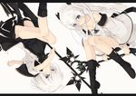  ahoge bangs bare_shoulders blue_eyes blush boots bow breasts cleavage collarbone hair_between_eyes hair_bow holding long_hair looking_at_viewer multiple_girls nagishiro_mito off_shoulder original shoes short_hair simple_background small_breasts smile twintails white_background white_hair 