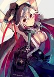  armpits breasts candy cape cleavage cosplay fingerless_gloves food gloves guilty_gear guilty_gear_xrd highres hood jack-o'_valentine large_breasts lollipop long_hair raven_(guilty_gear) raven_(guilty_gear)_(cosplay) red_eyes red_hair solo suzunashi white_hair 