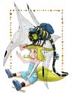  :o absurdres animal animal_ears backpack bag bandaid_on_wing bare_shoulders black_legwear blonde_hair blue_dress blue_footwear bug child clothed_animal commentary_request doitsuken dragonfly dragonfly_wings dress fox_child_(doitsuken) fox_ears fox_tail hat highres holding_letter insect letter mailman multiple_tails original outstretched_arm oversized_animal shoes short_hair tail thick_eyebrows torii two_tails untied_shoes yellow_eyes 