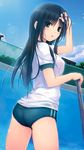  1girl blue_hair blue_sky cleaning clouds coffee-kizoku green_eyes gym_uniform hands_in_hair looking_at_viewer open_mouth outdoors pool school solo thighs 