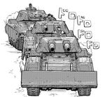  cannon caterpillar_tracks greyscale ground_vehicle gundam looking_at_viewer military military_vehicle monochrome motor_vehicle multiple_boys onomatopoeia orzer tank type_61_(gundam) 