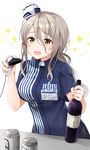  :d barcode_scanner beer_can bottle brown_eyes brown_hair can employee_uniform eyebrows eyebrows_visible_through_hair hat holding holding_bottle kantai_collection lawson long_hair mini_hat open_mouth pola_(kantai_collection) short_sleeves smile solo thick_eyebrows tilted_headwear uniform white_hat wine_bottle yunamaro 