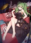  &gt;:) bangs bare_legs bare_shoulders barefoot black_collar black_dress black_gloves breasts brick_wall can closed_mouth coca-cola collar commentary couch cymbals dress drum drum_set eyebrows_visible_through_hair feet_on_chair flag_print frilled_dress frills full_body girls_frontline gloves green_hair hair_twirling hand_in_hair highres holding holding_microphone indoors instrument knees_together_feet_apart large_breasts leg_garter liu_lan long_dress long_hair looking_at_viewer m950a_(girls_frontline) microphone on_couch pillow print_pillow single_glove sitting sleeveless sleeveless_dress smile soda_can solo star thigh_strap twintails v-shaped_eyebrows yellow_eyes 