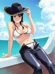  1girl bikini black_hair blue_eyes breasts clouds drink erect_nipples hat large_breasts long_hair looking_at_viewer nico_robin one_piece parted_lips sea ship sitting smile solo trousers 