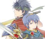  a armor blue_eyes blue_hair cape falchion_(fire_emblem) fire_emblem fire_emblem:_monshou_no_nazo fire_emblem:_souen_no_kiseki gloves headband ike koineko_(aph0310) male_focus marth multiple_boys ragnell smile super_smash_bros. sword tiara weapon white_background 