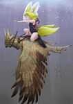  absurdres air_bubble animal animal_ears bird bird_wings blonde_hair bubble child collar commentary_request doitsuken flippers fox_child_(doitsuken) fox_ears fox_girl fox_tail from_side highres multiple_tails original oversized_animal owl oxygen_tank pointing pointing_forward rebreather reins riding submerged swimsuit tail two_tails underwater wings yellow_eyes yellow_fur 