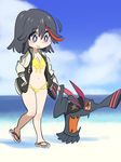  bikini black_hair cloud day full_body kill_la_kill living_clothes matoi_ryuuko multicolored_hair non-web_source o-nashi_neko senketsu sky smile streaked_hair swimsuit yellow_bikini 