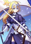  armor armored_dress bell black_gloves blonde_hair blue_eyes braid breasts capelet chain fate/apocrypha fate/grand_order fate_(series) faulds flag gauntlets gloves headpiece jeanne_d'arc_(fate) jeanne_d'arc_(fate)_(all) large_breasts long_hair looking_at_viewer single_braid solo sword thighhighs weapon yuki_(clydtc) 