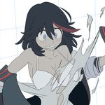  black_hair blue_eyes blush bra breasts cleavage clothes_removed fang jacket kill_la_kill large_breasts letterman_jacket looking_down matoi_ryuuko multicolored_hair non-web_source o-nashi_neko senketsu solo streaked_hair surprised torn_clothes underwear upper_body 