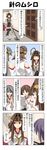  4koma ahoge akebono_(kantai_collection) brown_eyes brown_hair cleaning closed_eyes comic commentary detached_sleeves directional_arrow door double_bun eighth_note grey_eyes grey_hair hair_between_eyes hallway hands_together haruna_(kantai_collection) headgear hiei_(kantai_collection) highres holding holding_paper kantai_collection kongou_(kantai_collection) long_hair long_sleeves mop multiple_girls musical_note nontraditional_miko o3o open_mouth paper purple_eyes purple_hair pursed_lips rappa_(rappaya) sailor_collar shaded_face short_hair sidelocks skirt speech_bubble tearing_up tears thighhighs translated whistling wide_sleeves 