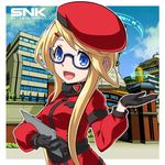  beret black_gloves blue-framed_eyewear blue_sky clipboard cloud coat commentary_request day enta_girl falcoon fur_collar glasses gloves hair_ornament hairclip hat highres kimi_wa_hero logo long_hair official_art outline promotional_art red_coat red_hat school sky smile snk solo uniform upper_body white_outline 