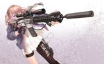  300_blackout ar-15 black_legwear blue_eyes brown_hair eyebrows_visible_through_hair girls_frontline gloves gun hair_ornament highres holding holding_gun holding_weapon knife long_sleeves looking_away pantyhose pmag red_hair rifle sniper_scope solo specterz st_ar-15_(girls_frontline) suppressor weapon 