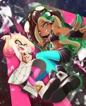  2girls :d aqua_eyes bad_id bad_pixiv_id bare_shoulders black_hair blue_legwear breasts cephalopod_eyes cleavage commentary_request crop_top crown dark_skin domino_mask dress fangs fingerless_gloves full_body gloves green_hair green_nails headphones highres hime_(splatoon) iida_(splatoon) long_hair looking_at_viewer mask medium_breasts midriff mole mole_under_mouth multicolored_hair multiple_girls nail_polish navel octarian open_mouth outstretched_arm pantyhose pantyhose_under_shorts piercing pink_hair pink_legwear pink_pupils short_hair shorts sleeveless sleeveless_dress smile splatoon_(series) splatoon_2 symbol-shaped_pupils teeth tentacle_hair two-tone_hair white_hair yellow_eyes z.o.b zipper 