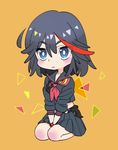  ahoge bangs between_legs black_hair blue_eyes blue_hair blush detached_hair eyebrows_visible_through_hair full_body hair_between_eyes hand_between_legs holster kill_la_kill knees looking_at_viewer matoi_ryuuko multicolored_hair neckerchief non-web_source o-nashi_neko orange_background pleated_skirt red_neckwear school_uniform seiza senketsu sitting skirt solo streaked_hair 