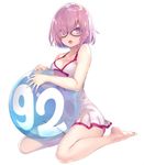  ball bare_arms bare_legs blush breasts cleavage collarbone comiket_92 dress fate/grand_order fate_(series) full_body glasses holding holding_ball kneeling looking_at_viewer mash_kyrielight medium_breasts open_mouth pink_hair purple_eyes see-through shirabi short_hair simple_background swimsuit_of_perpetual_summer white_background white_dress 