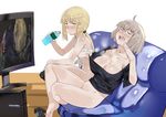  artoria_pendragon_(all) bare_shoulders blonde_hair blush bottle bottomless breasts cleavage closed_eyes commentary_request controller dark_souls_iii fate/grand_order fate/stay_night fate_(series) game_console game_controller grey_hair jeanne_d'arc_(alter)_(fate) jeanne_d'arc_(fate)_(all) large_breasts long_hair midriff multiple_girls nanaya_(daaijianglin) no_panties open_mouth playstation_4 playstation_controller ponytail saber saber_alter short_hair sitting sleeveless souls_(from_software) sweat teeth television water_bottle yellow_eyes 