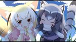  animal_ears bared_teeth black_hair blonde_hair blue_sky blush bow bowtie brown_eyes closed_eyes cloud commentary common_raccoon_(kemono_friends) day eyebrows_visible_through_hair facing_viewer fennec_(kemono_friends) fox_ears fox_tail fur_collar gloves grey_hair grin highres kemono_friends looking_at_viewer makuran multicolored_hair multiple_girls open_mouth parted_lips raccoon_ears raccoon_tail short_hair sky smile tail teeth white_gloves white_hair 