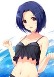  bangs bikini black_bikini blue_hair breasts commentary_request highres idolmaster idolmaster_(classic) looking_at_viewer medium_breasts miura_azusa navel open_mouth parted_bangs red_eyes ro_risu short_hair smile solo stomach swimsuit w_arms 