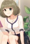  blue_eyes blush breasts cleavage closed_mouth collarbone eyebrows_visible_through_hair feet_out_of_frame green_eyes green_hair heterochromia highres idolmaster idolmaster_cinderella_girls jewelry kamille_(vcx68) large_breasts looking_at_viewer mole mole_under_eye necklace short_hair sitting smile solo takagaki_kaede 