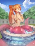  absurdres ass back bare_shoulders bikini_top blush bra commission dimples_of_venus eyebrows_visible_through_hair fence food food_in_mouth from_behind hair_between_eyes hair_ornament hair_scrunchie hairclip highres jewelry lamia long_hair looking_at_viewer looking_back miia_(monster_musume) monster_girl monster_musume_no_iru_nichijou mouth_hold orange_hair pointy_ears ponytail popsicle ring scales scrunchie shoulder_blades sitting solo sookmo underwear wading_pool water wedding_band yellow_bikini_top yellow_eyes 