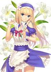  androgynous apron blonde_hair blue_eyes chevalier_d'eon_(fate/grand_order) dress fate/grand_order fate_(series) flower hairband lily_(flower) long_hair looking_at_viewer simple_background smile solo tsukikanade white_background wrist_cuffs 