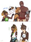  /\/\/\ 1girl 2boys 2koma abs areolae arm_sling armor bald bare_shoulders before_and_after bomber_jacket brown_hair brown_jacket cast clenched_hand comic dark_skin dark_skinned_male doomfist_(overwatch) facial_hair fist_bump goatee goggles hairlocs harness headphones headphones_around_neck high_ponytail highres instant_loss_2koma jacket jzzdq leather looking_at_another lucio_(overwatch) multiple_boys muscle overwatch pout shirtless simple_background spiked_hair spoken_ellipsis sweatdrop tank_top tattoo tracer_(overwatch) twitter_username visor white_background 