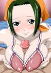  bandanna black_eyes blush breasts censored green_hair large_breasts looking_at_viewer makino_(one_piece) nipples paizuri penis 