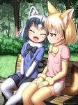  :3 :d animal_ears arisu_kazumi bench between_legs black_gloves black_hair blonde_hair bow bowtie brown_eyes bush commentary_request common_raccoon_(kemono_friends) day facing_another fennec_(kemono_friends) forest fox_ears fox_tail fur_collar gloves grass hand_between_legs highres kemono_friends looking_at_viewer multicolored_hair multiple_girls nature open_mouth outdoors puffy_short_sleeves puffy_sleeves raccoon_ears raccoon_tail short_sleeves silver_hair sitting skirt smile tail thighhighs tree twitter_username white_legwear yellow_gloves yellow_legwear |d 