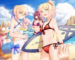  :d absurdres ahoge animal_ears artoria_pendragon_(all) artoria_pendragon_(swimsuit_archer) beach bikini blonde_hair blue_ribbon blue_sky breasts chinese_commentary closed_mouth cloud cloudy_sky commentary_request criss-cross_halter day ears_through_headwear fang fate/grand_order fate_(series) fox_ears fox_tail green_eyes hair_bun hair_ribbon halterneck hat highres holding innertube large_breasts mash_kyrielight mordred_(fate)_(all) mordred_(swimsuit_rider)_(fate) multiple_girls navel ocean open_mouth outdoors outstretched_hand pink_hair prydwen purple_bikini purple_eyes purple_hair red_bikini red_eyes ribbon saber scathach_(fate)_(all) scathach_(swimsuit_assassin)_(fate) shirt side-tie_bikini sidelocks sitting sky small_breasts smile standing sun_hat surfboard swimsuit swimsuit_of_perpetual_summer tail tamamo_(fate)_(all) tamamo_no_mae_(fate) tamamo_no_mae_(swimsuit_lancer)_(fate) water_gun wet wet_clothes wet_shirt white_bikini yellow_eyes yorukun 