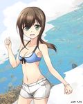  :o alternate_breast_size armband bikini_top blue_bikini_top breasts brown_hair cleavage commentary_request eyebrows_visible_through_hair flower fubuki_(kantai_collection) green_eyes hair_between_eyes hair_flower hair_ornament highres kantai_collection looking_at_viewer medium_breasts minosu open_mouth ponytail shorts solo swimsuit 