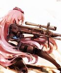  anti-materiel_rifle bangs black_gloves black_skirt dyolf girls_frontline gloves gun hat holding holding_gun holding_weapon long_hair midriff ntw-20 ntw-20_(girls_frontline) pink_hair red_eyes rifle school_uniform short_sleeves skirt sniper_rifle very_long_hair weapon white_background 