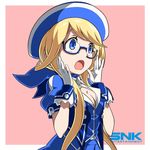  ascot beret blonde_hair blue-framed_eyewear blue_eyes blue_neckwear enta_girl falcoon glasses gloves hat highres jacket logo mascot official_art open_mouth pink_background puffy_short_sleeves puffy_sleeves semi-rimless_eyewear short_sleeves simple_background snk solo surprised upper_body 