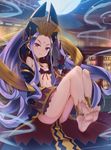  architecture ass bare_shoulders barefoot bow bow_bra bra breasts chinese_clothes crown earrings east_asian_architecture facial_mark fate/grand_order fate_(series) forehead_mark full_moon gloves hanfu jewelry kakumayu loincloth long_hair long_sleeves looking_at_viewer moon navel pelvic_curtain purple_eyes purple_gloves purple_hair ribbon ribbon_bra shawl sitting small_breasts smile solo string string_bra underwear very_long_hair wide_sleeves wu_zetian_(fate/grand_order) 