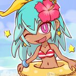  ;d beachhime bikini blue_hair bottomless bow bracelet day flower groin hair_bow hair_flower hair_ornament hibiscus innertube jewelry long_hair multicolored_hair navel ocean one_eye_closed open_mouth pendant purple_eyes ryuzin sky smile star striped striped_bikini swimsuit tan twitter_username youkai_watch 