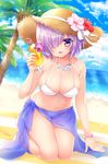  :d arm_support barefoot beach bikini blue_sky blurry bracelet breasts cleavage day depth_of_field drink dutch_angle fate/grand_order fate_(series) flower flower_necklace front-tie_bikini front-tie_top hair_over_one_eye hat hat_flower hat_ribbon highres horizon jewelry kneeling large_breasts looking_at_viewer mash_kyrielight mitsuba_choco navel necklace open_mouth outdoors palm_tree purple_eyes purple_hair ribbon sarong see-through shiny shiny_skin short_hair sky smile solo straw_hat string_bikini sun_hat sweat swimsuit thigh_gap tree tropical_drink white_bikini 