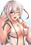  blush breasts cleavage double_bun eyebrows_visible_through_hair jewelry kanzaki_kureha large_breasts long_hair looking_at_viewer navel necklace one_eye_closed open_mouth original purple_eyes silver_hair solo teeth upper_body 
