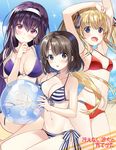  arms_up ball bangs beachball bikini black_hair blonde_hair blue_eyes breasts brown_eyes brown_hair chagoon cleavage copyright_name fang front-tie_top hairband kasumigaoka_utaha katou_megumi long_hair medium_breasts multi-strapped_bikini multiple_girls o-ring o-ring_bikini o-ring_top purple_bikini red_bikini red_eyes saenai_heroine_no_sodatekata sawamura_spencer_eriri short_hair side-tie_bikini sparkle striped striped_bikini swimsuit twintails 