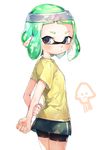  arms_behind_back bike_shorts blue_eyes clenched_hand domino_mask from_behind green_hair headband highres inkling looking_back mask pointy_ears shirt short_hair shorts shorts_under_skirt skirt solo splatoon_(series) splatoon_2 sprbouuz t-shirt tentacle_hair yellow_shirt 